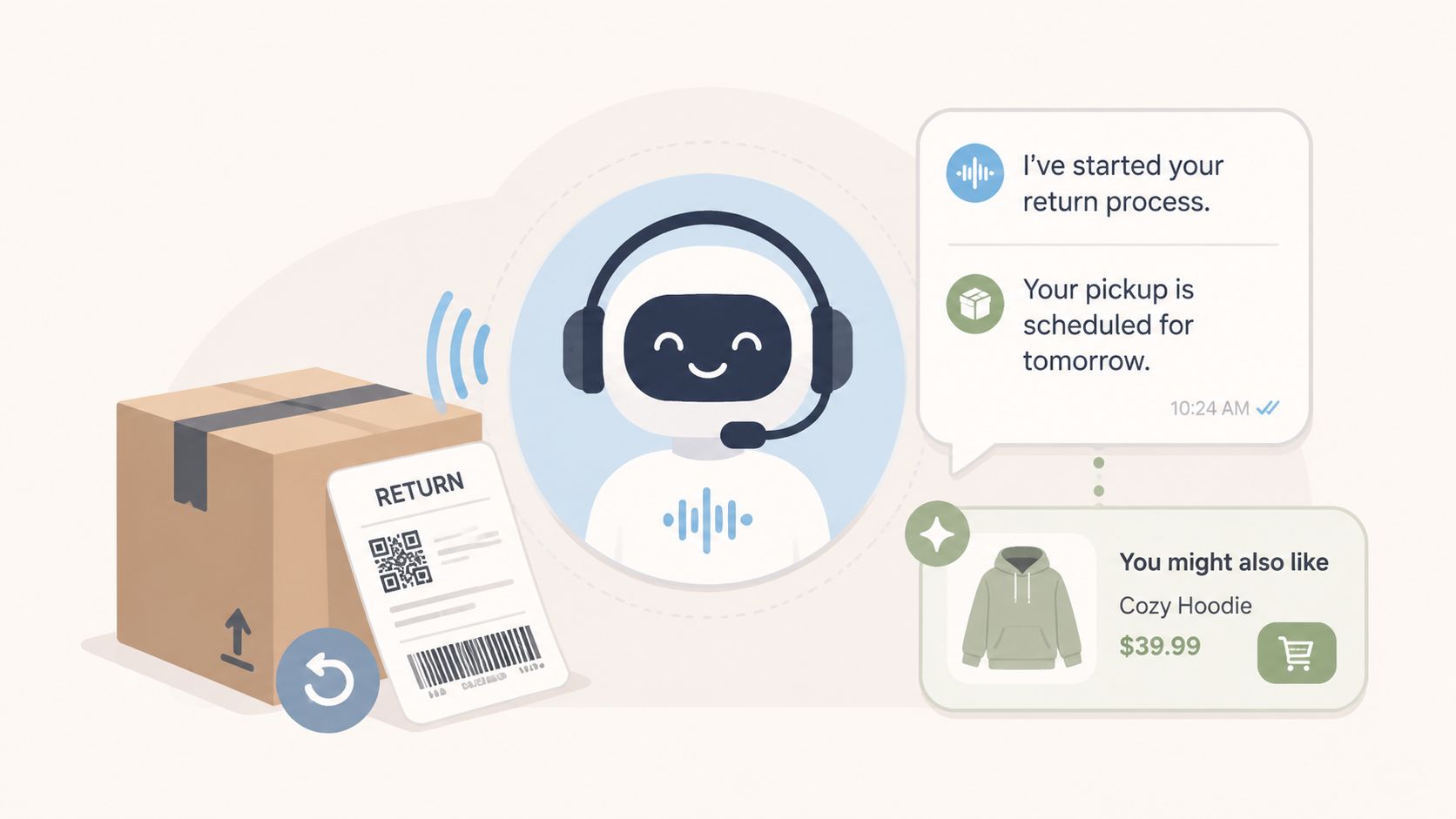 A friendly robot customer support agent managing an automated product return process for a customer.