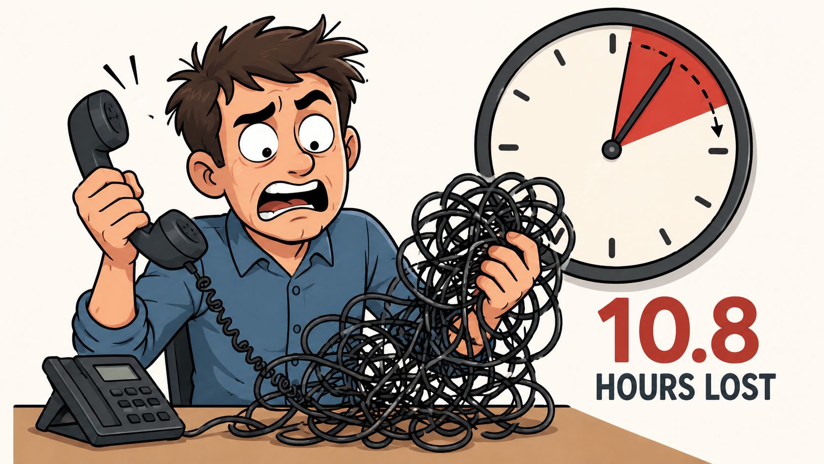 A frustrated office worker struggling with a tangled telephone cord while on a long business call.