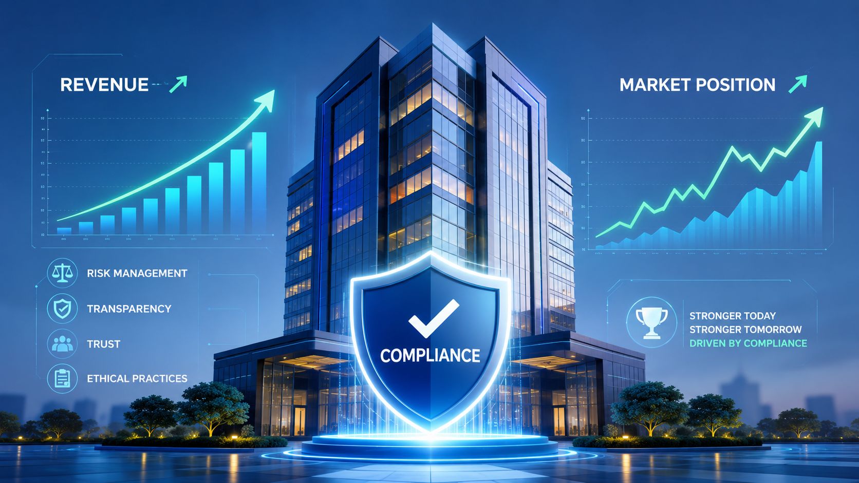 A corporate building with a compliance shield, financial growth charts, and icons representing ethical business practices.
