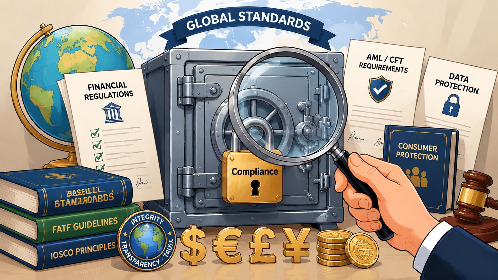 A hand holds a magnifying glass over a safe, surrounded by financial regulations, books, and global currency symbols.