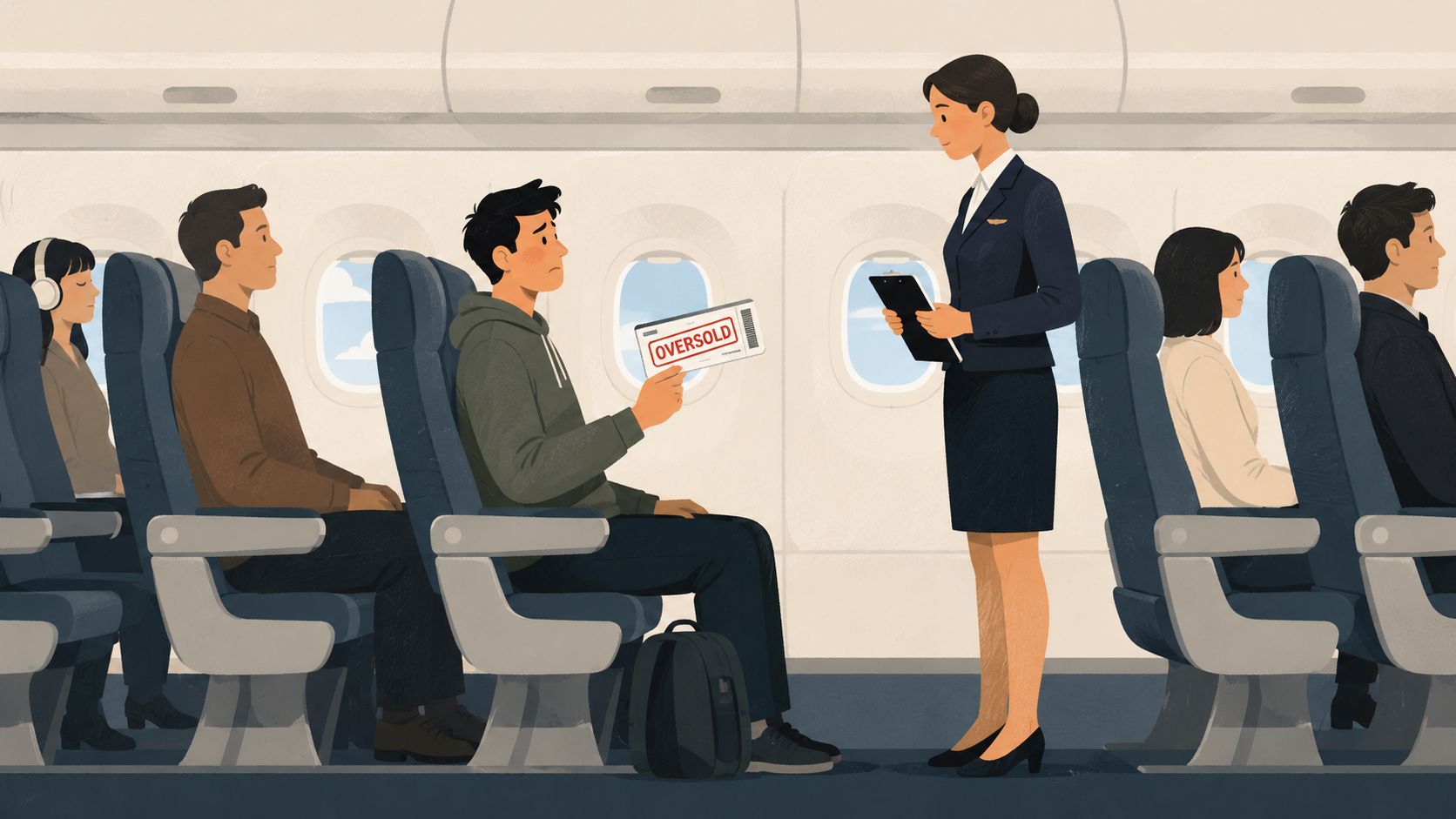 A flight attendant informing a distressed male passenger that his airline seat ticket is oversold on a plane.