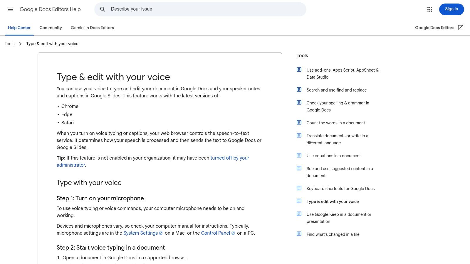Google Docs – Voice Typing (Web)
