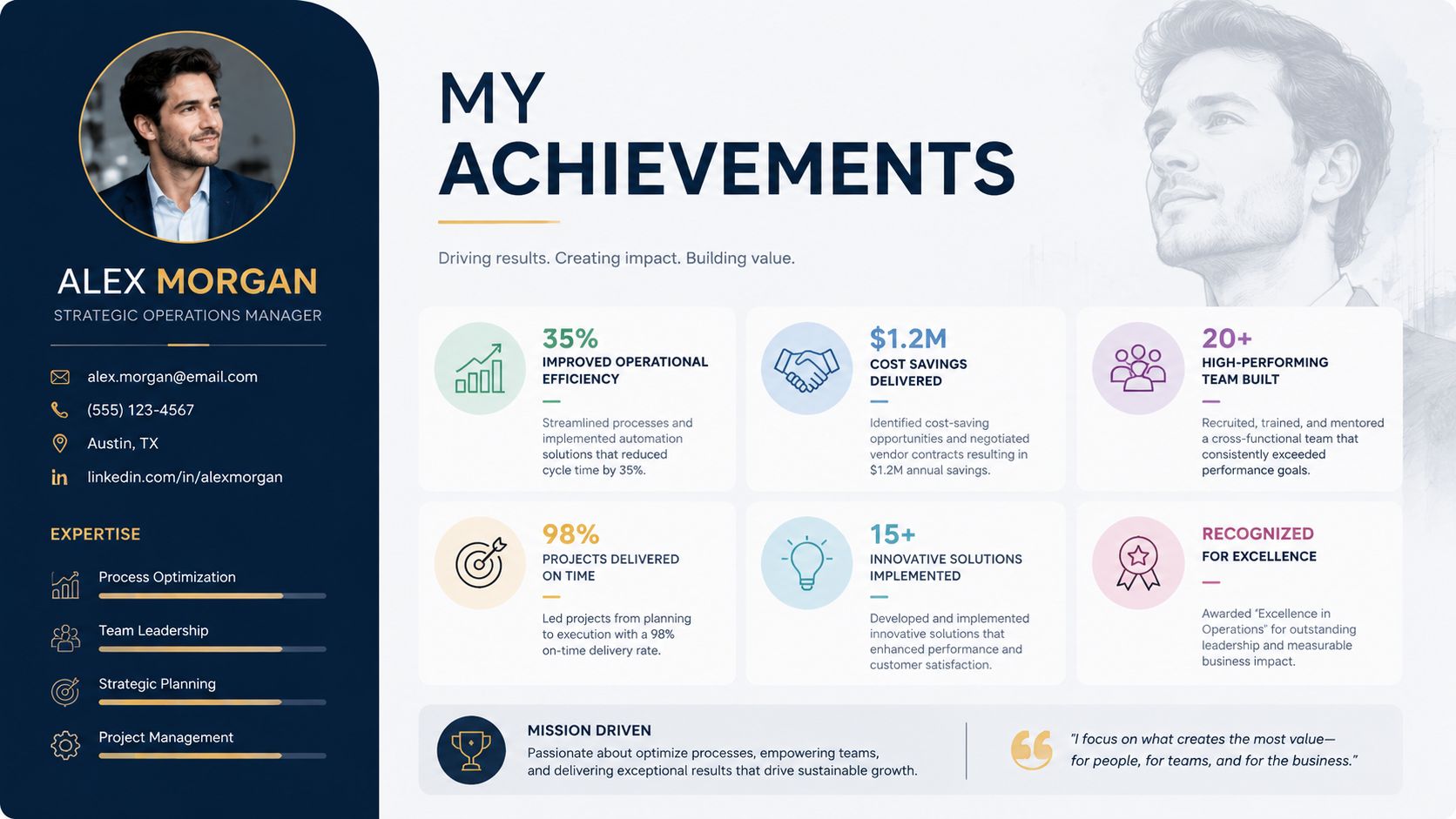 A professional infographic resume for Strategic Operations Manager Alex Morgan highlighting key career achievements and expertise.