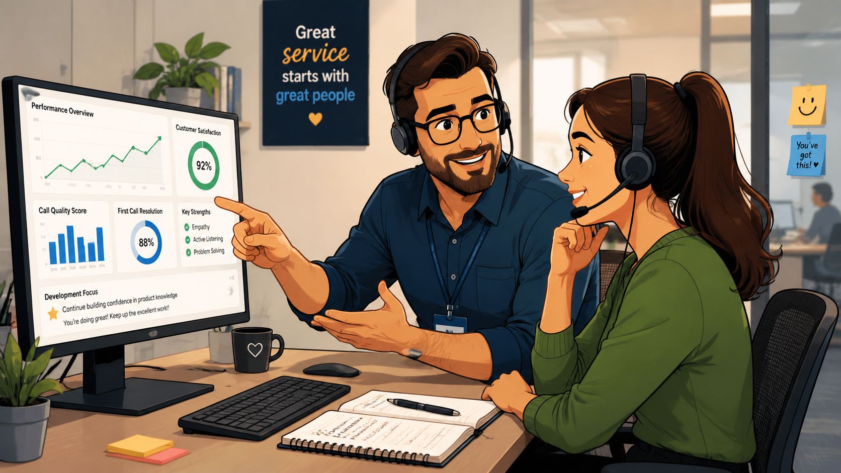 Illustration of a BPO team leader providing supportive coaching to an agent, focusing on development beyond just metrics.