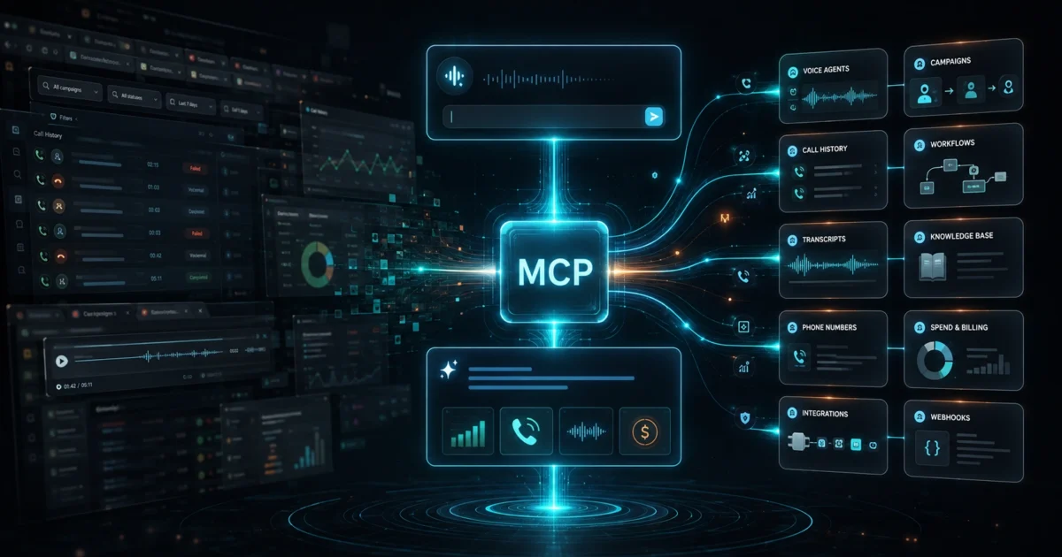 MCP connecting voice AI operations including agents, campaigns, call history, workflows, phone numbers, and billing