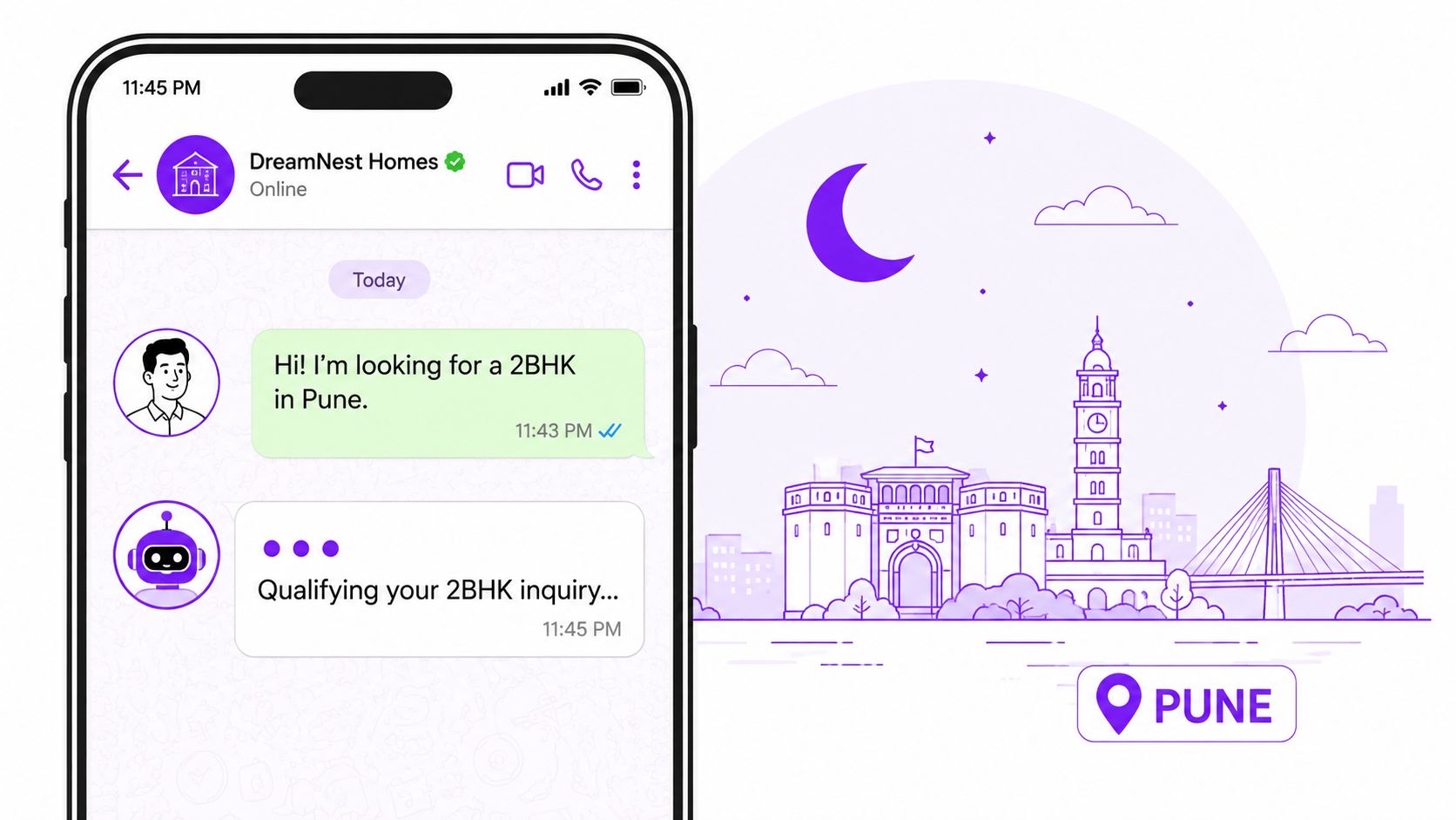 A smartphone display showing a chatbot conversation with a real estate agency about 2BHK properties in Pune.