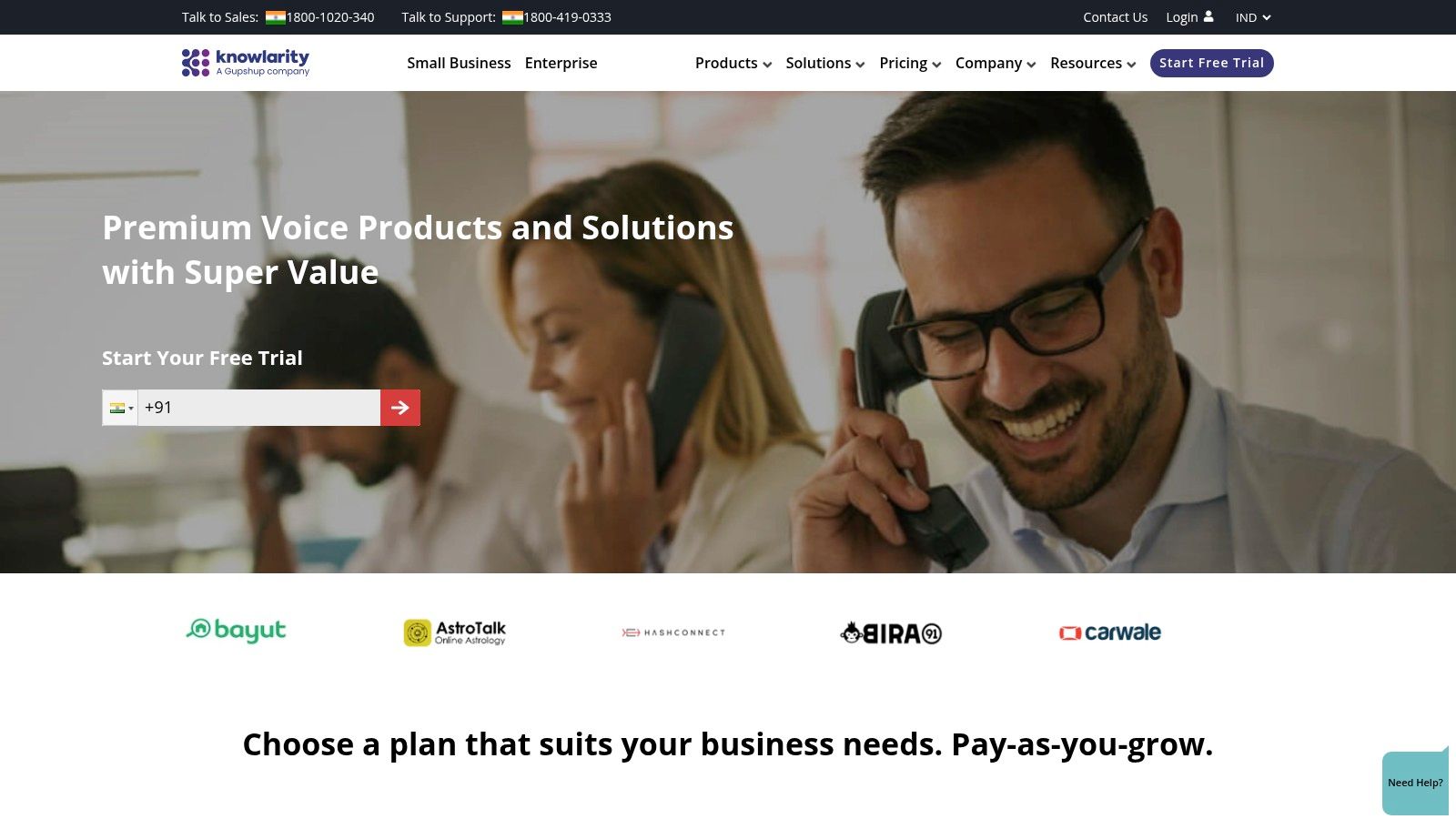 Knowlarity's bundled plans for business calling, showing different tiers with included minutes and features.