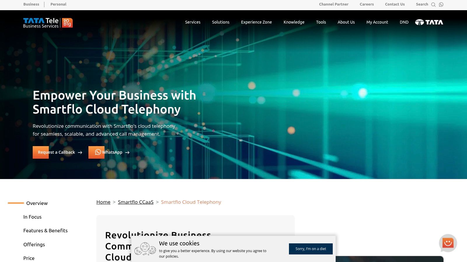 Tata Tele Business Services – Smartflo’s landing page, showcasing their cloud communication solutions for businesses.