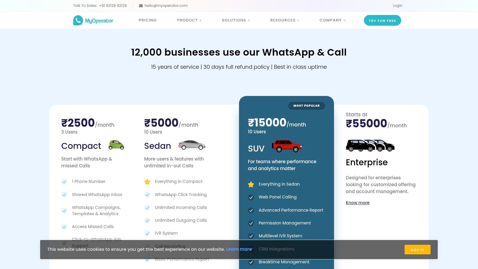 MyOperator's pricing plans, showcasing its tiered structure and INR-based pricing for businesses in India.