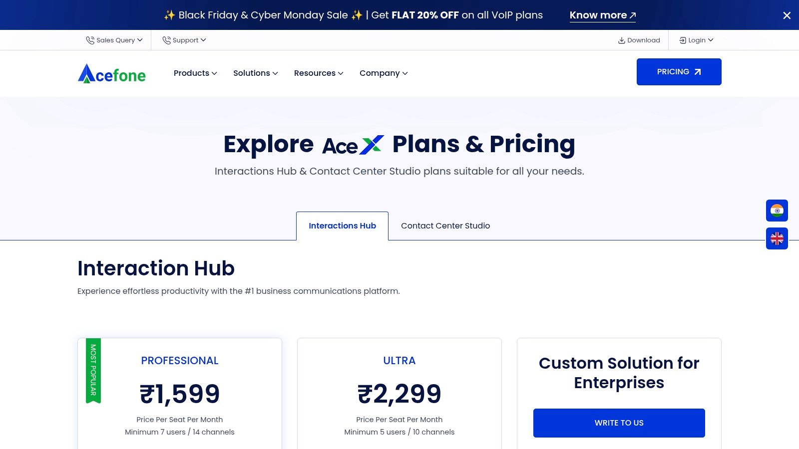 Acefone’s pricing for its hosted phone system and contact centre solutions, showing different tiers and features.