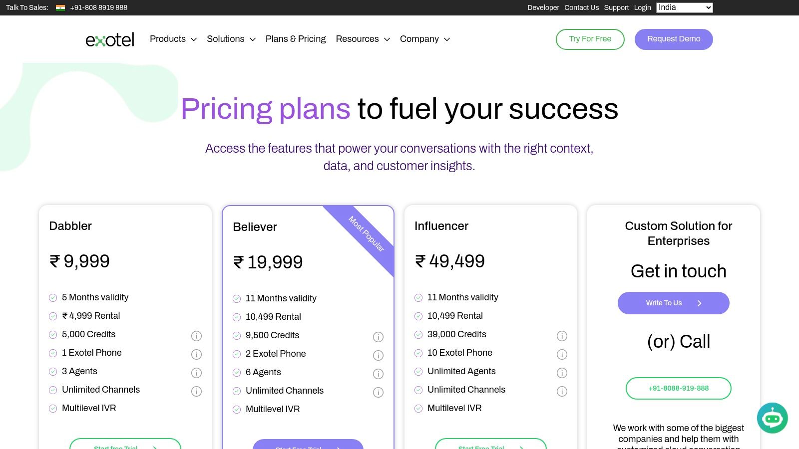 Exotel's pricing plans for their business phone system, showcasing their credit-based model and various tiers available.