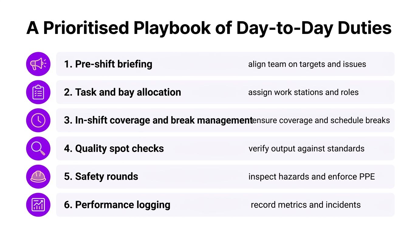 A list titled A Prioritised Playbook of Day-to-Day Duties featuring six essential tasks for warehouse supervisors.