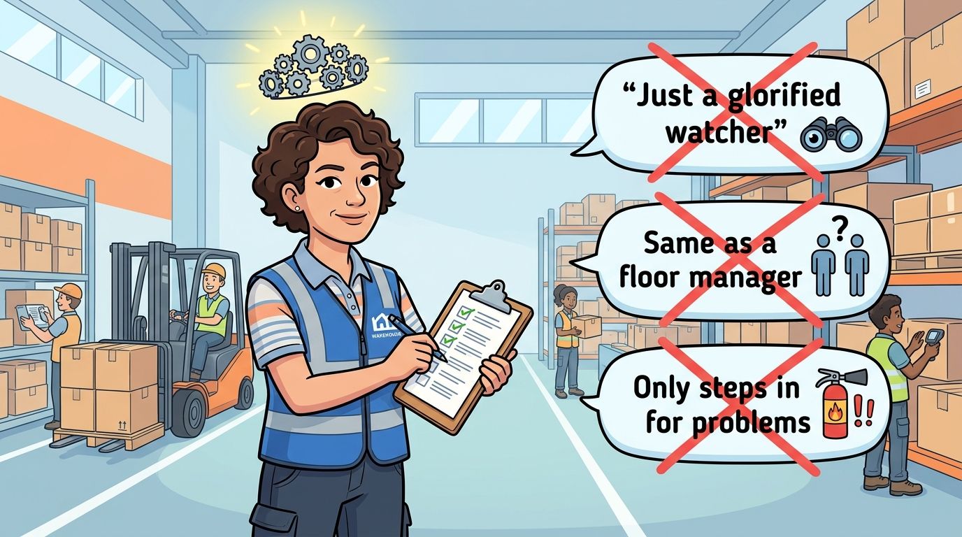 A female warehouse supervisor holding a clipboard while debunking common myths about her managerial role.