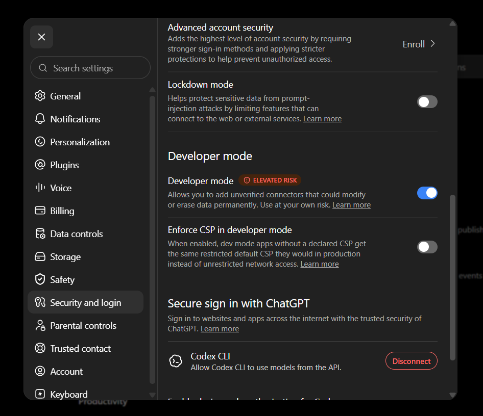 ChatGPT settings showing the Developer mode toggle for adding custom MCP connectors.