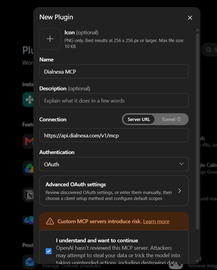 ChatGPT's custom connector dialog with the DialNexa MCP server URL and OAuth selected.