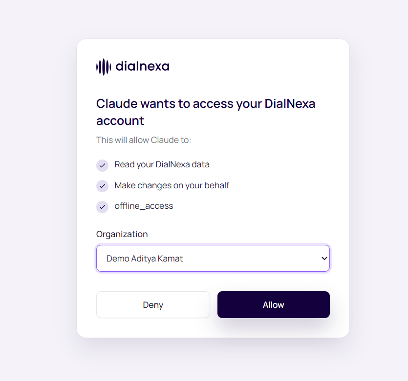 DialNexa consent screen asking to allow Claude access, with organization selection and Allow button