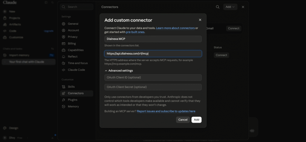 Claude's add custom connector dialog with the DialNexa MCP server URL filled in