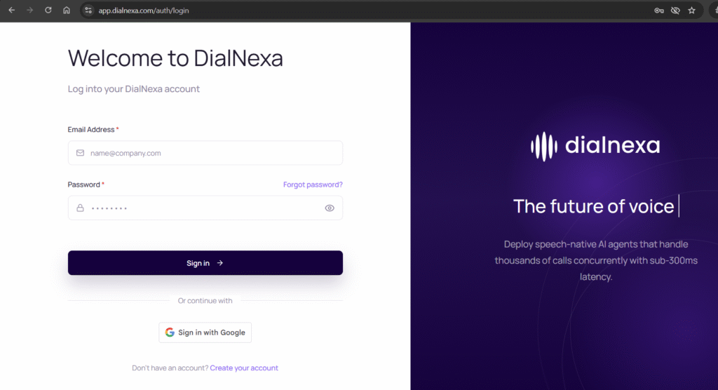 DialNexa login page during the OAuth connection flow with the dialnexa.com address bar visible