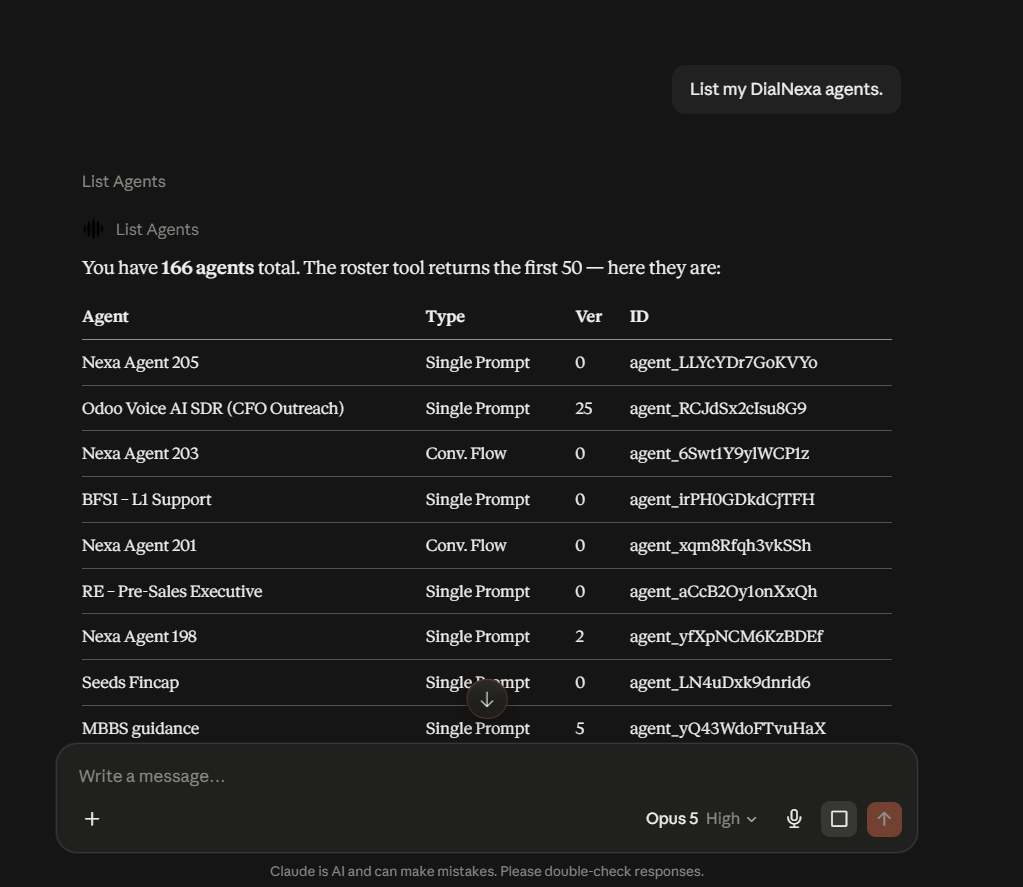 Claude listing real DialNexa voice agents in a chat conversation through the MCP connector
