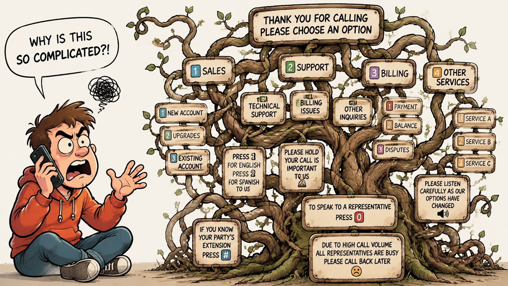 A frustrated person on the phone facing a complex, tangled phone tree menu system for customer service.