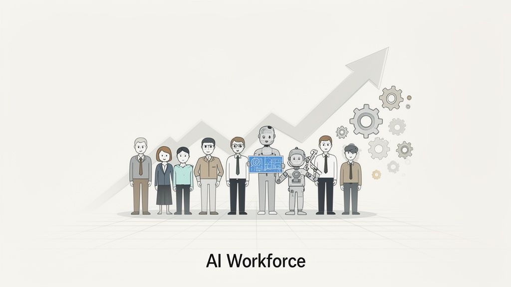Illustration of a diverse AI workforce, including humans and robots, with an upward trend and gears.