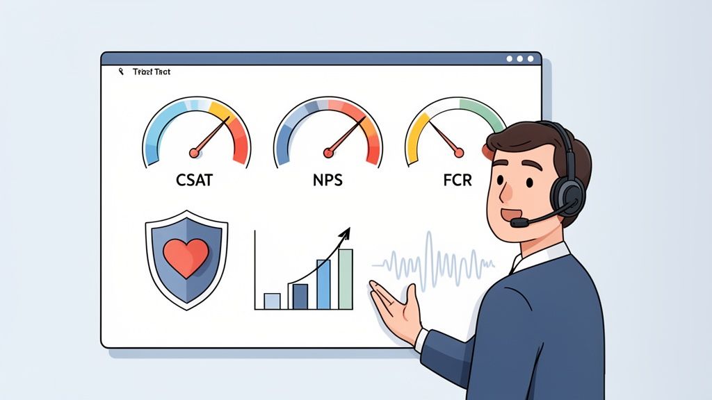 A customer service team leader with a headset pointing at a dashboard displaying CSAT, NPS, and FCR metrics.