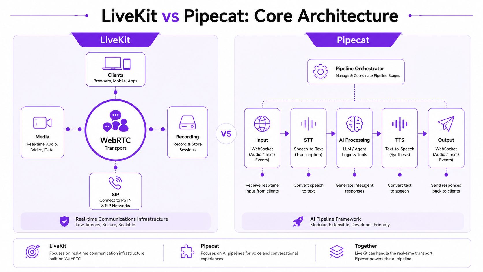 A diagram comparing the architectures of LiveKit's real-time communication infrastructure and Pipecat's modular AI pipeline framework.