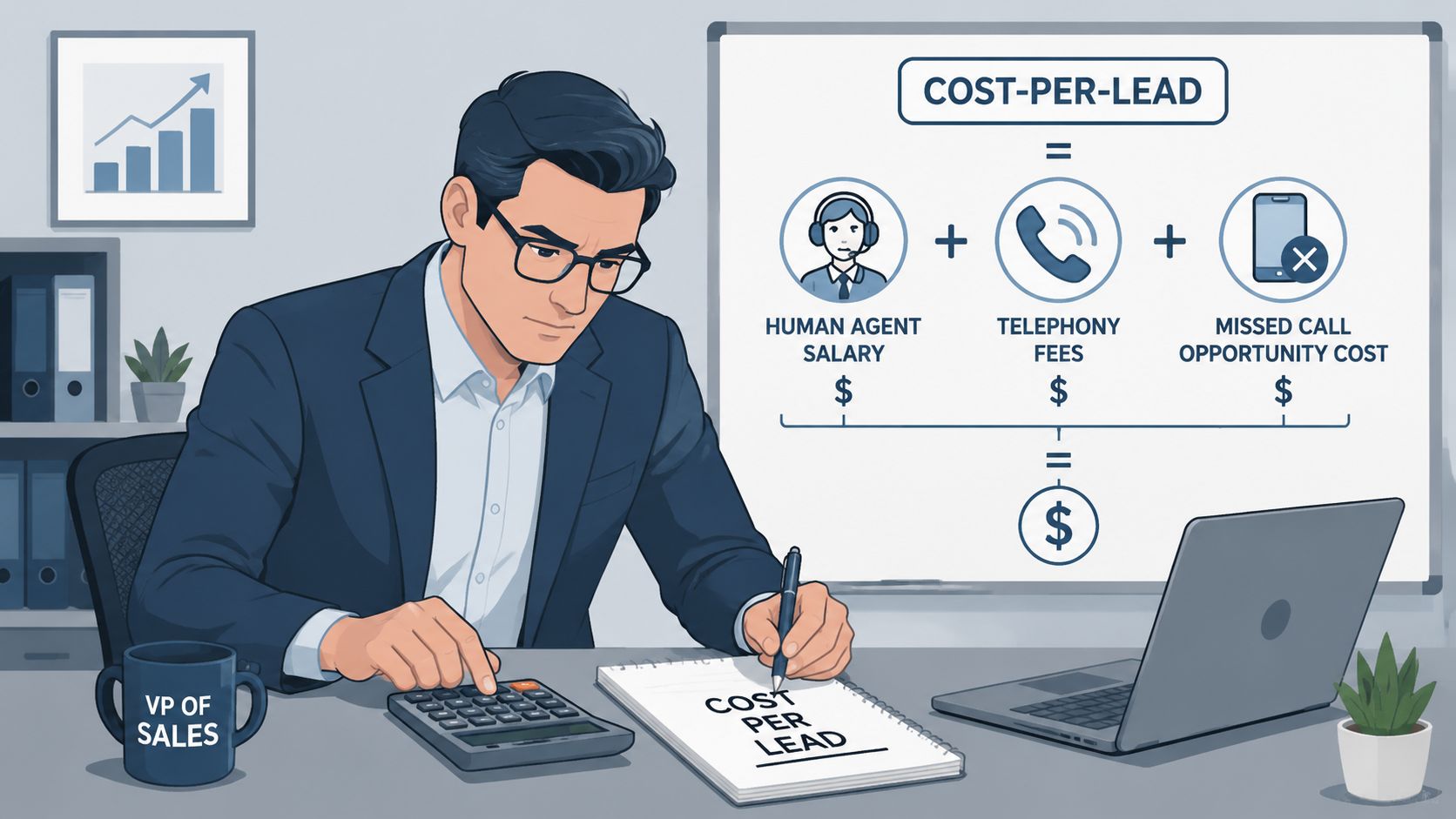 A professional man calculating the cost-per-lead formula consisting of salary, telephony fees, and missed call costs.