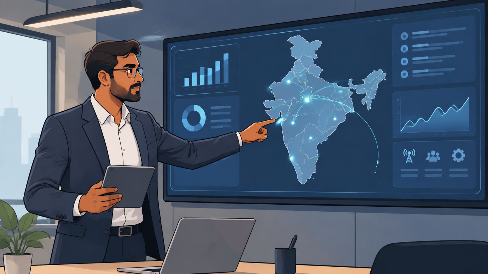 A professional man holding a tablet points to an interactive data map of India on a screen.