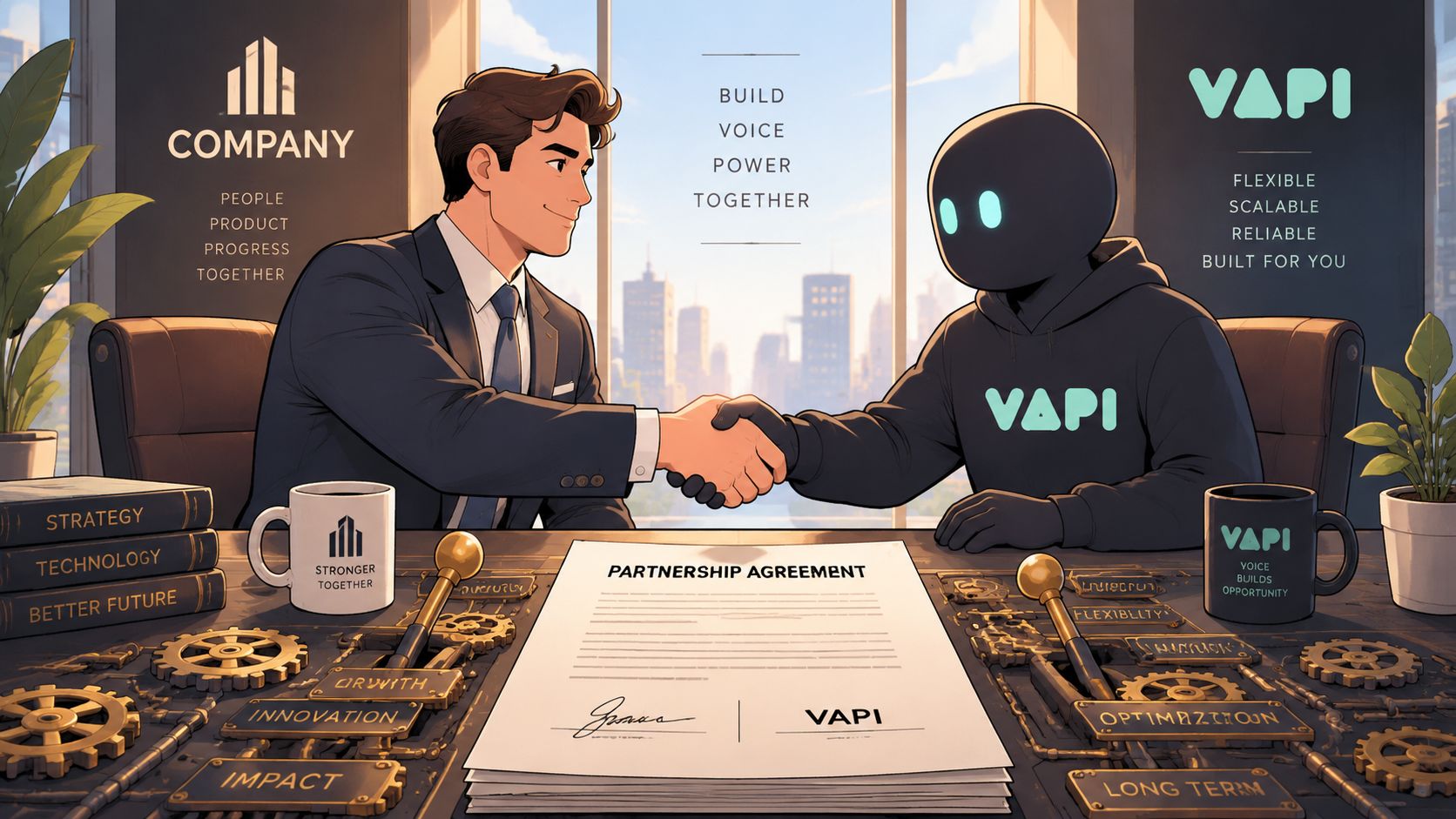 A professional man and a robot mascot shaking hands over a partnership agreement on a desk.