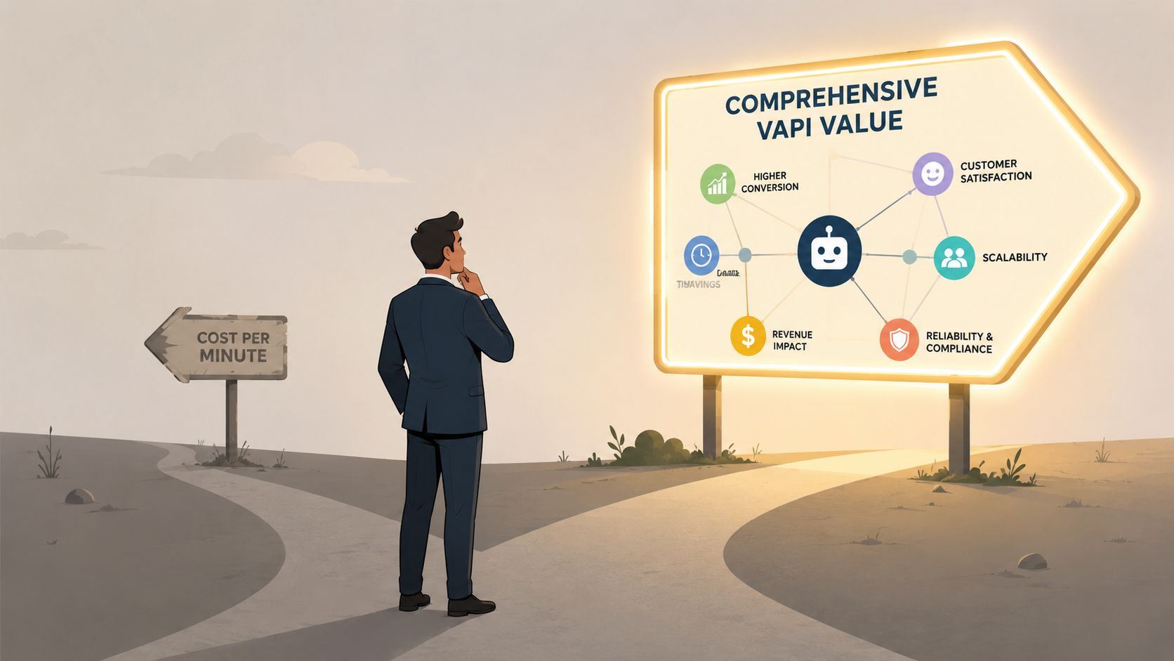 A businessman standing at a crossroads choosing between cost per minute and comprehensive Vapi value.